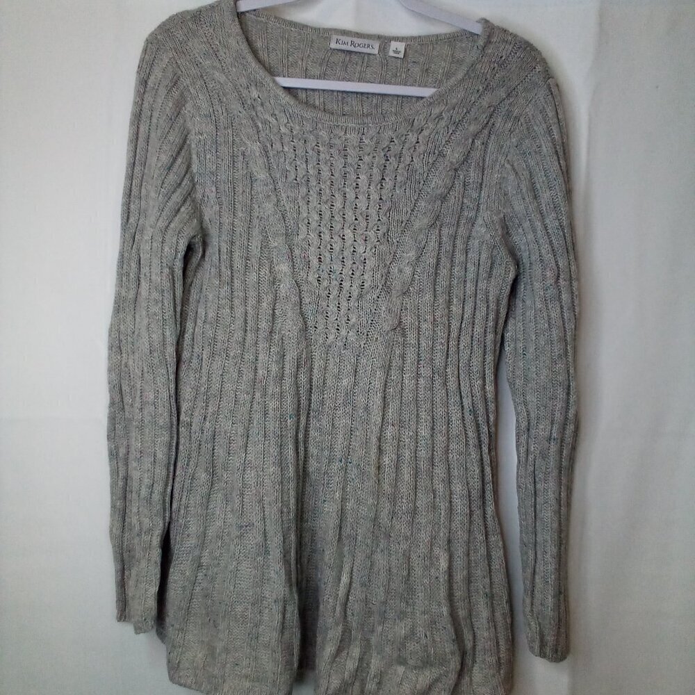 Kim Rogers Sweater Women L Long Sleeve Ribbed Textured Babydoll Gray Specks